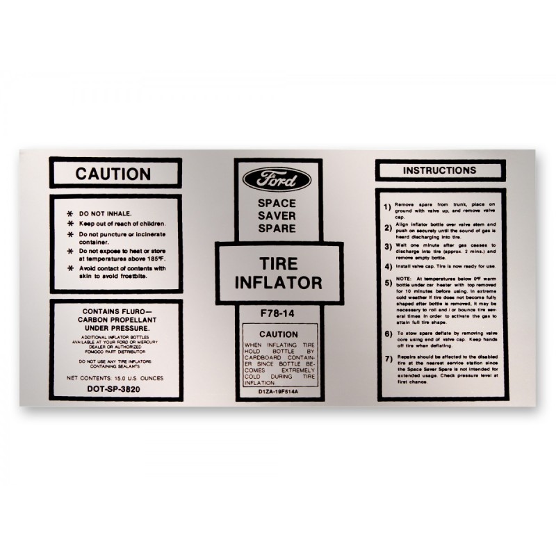 FORD MUSTANG 1971-1973 AUTOCOLLANT Space saver inflator bottle decal SCOTT DRAKE DF-814