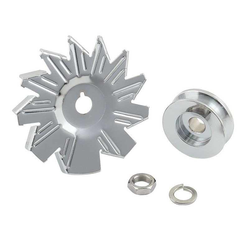 CHROME ALTERNATEUR HELICE AND PULLEY chrome alternator fan Mr Gasket 6808