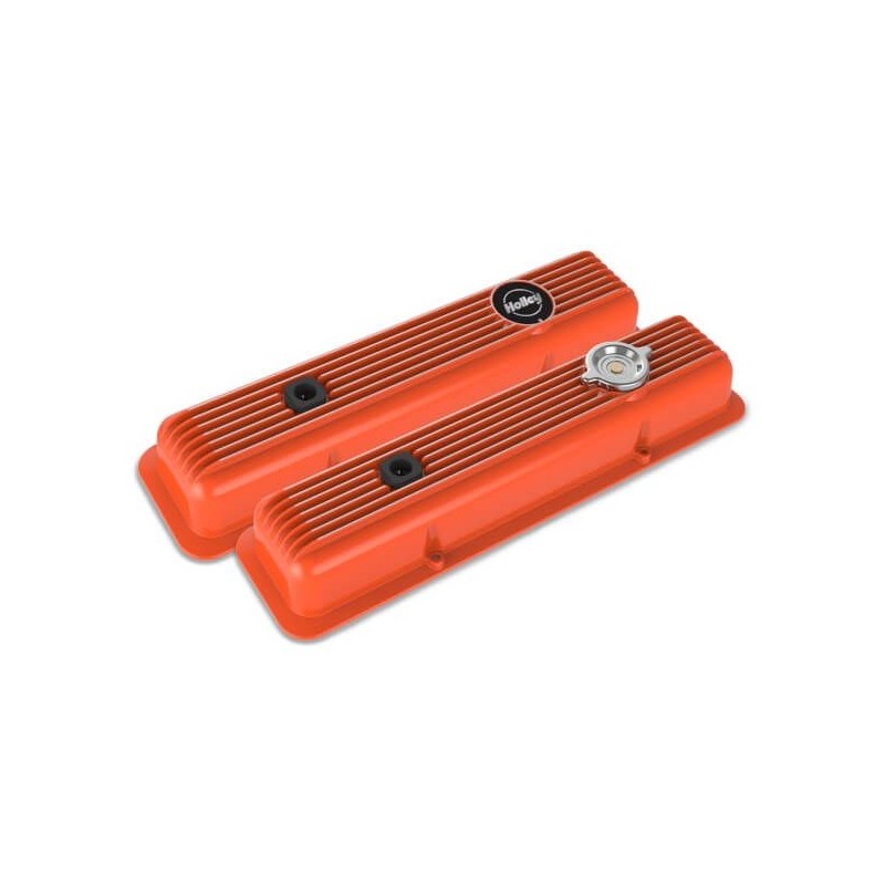 CACHE CULBUTEURS A AILLETTES SERIE MUSCLE FINITION FACTORY ORANGE valve covers finned factory finish Holley 241-136