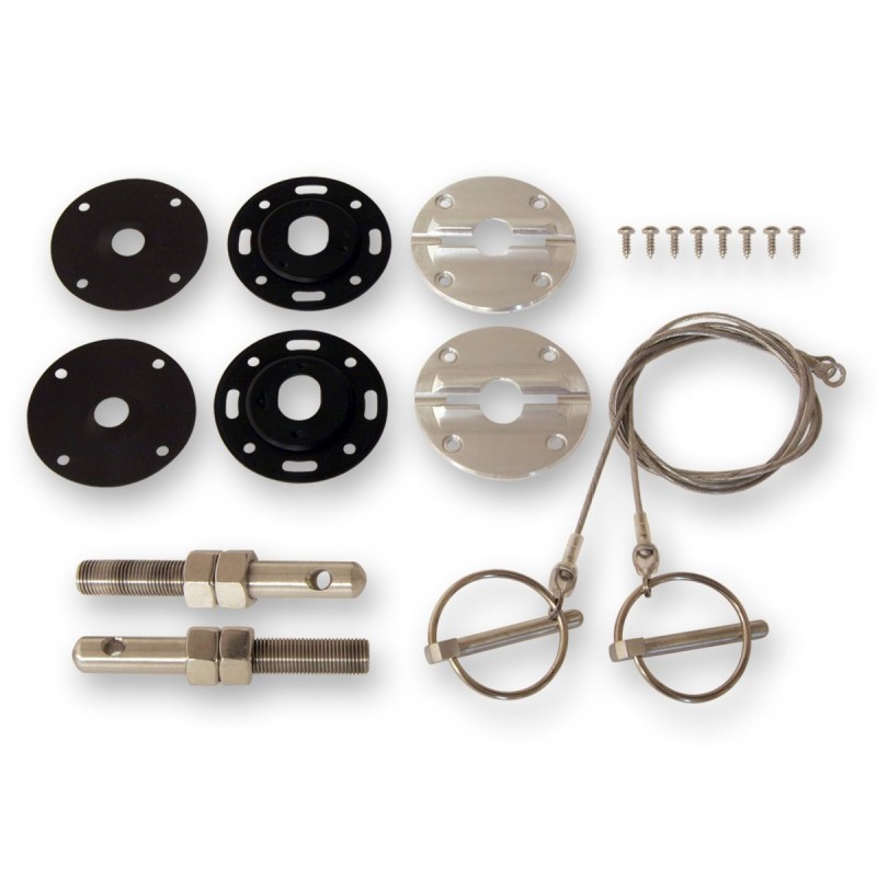 FORD MUSTANG 1964-1973 KIT D ATTACHES RAPIDE CAPOT BASE ALUMINIUM CABLES INOX Billet Stainless Steel Hood Pin Kit SCOTT DRAKE S1
