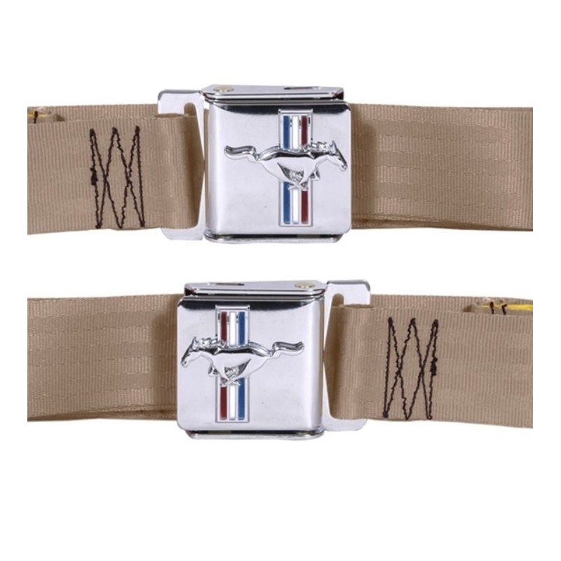 FORD MUSTANG 1964-1973 KIT PAIRE CEINTURE DE SECURITE AVEC EMBLEME MUSTANG PARCHEMIN Seat belt set with mustang emblem parchment