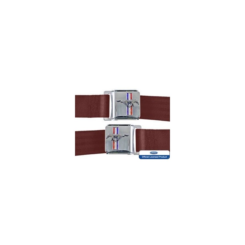 FORD MUSTANG 1964-1973 KIT PAIRE CEINTURE DE SECURITE AVEC EMBLEME MUSTANG ROUGE BORDEAUX Seat belt set with mustang emblem maro