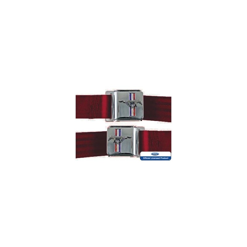 FORD MUSTANG 1964-1973 KIT PAIRE CEINTURE DE SECURITE AVEC EMBLEME MUSTANG ROUGE FONCE Seat belt set with mustang emblem dark re