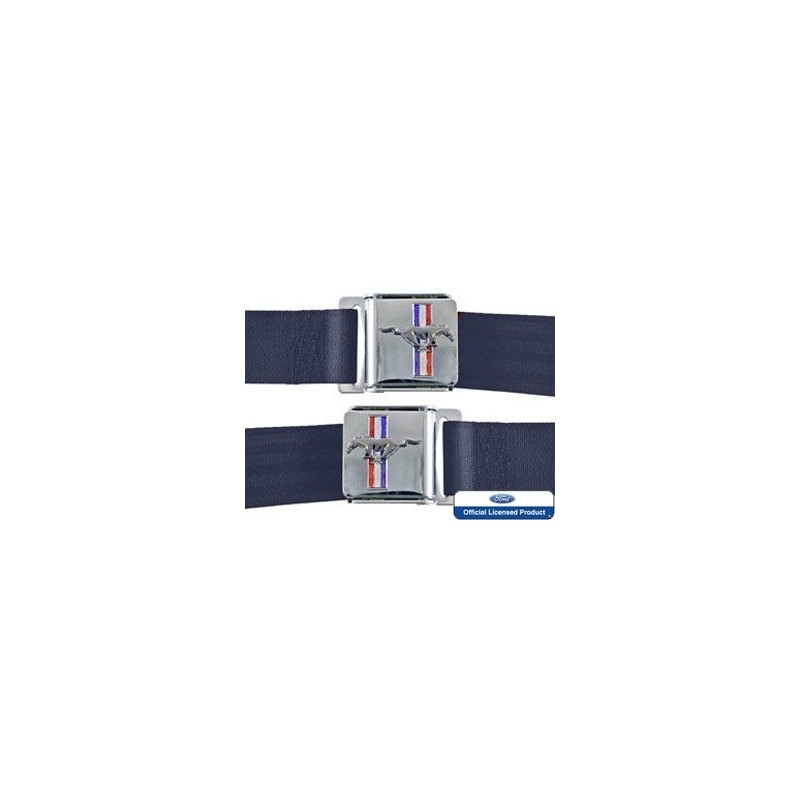 FORD MUSTANG 1964-1973 KIT PAIRE CEINTURE DE SECURITE AVEC EMBLEME MUSTANG BLEU FONCE Seat belt set with mustang emblem dark blu