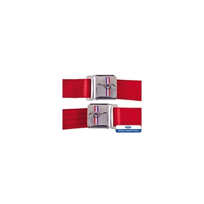 FORD MUSTANG 1964-1973 KIT PAIRE CEINTURE DE SECURITE AVEC EMBLEME MUSTANG ROUGE VIF Seat belt set with mustang emblem bright re