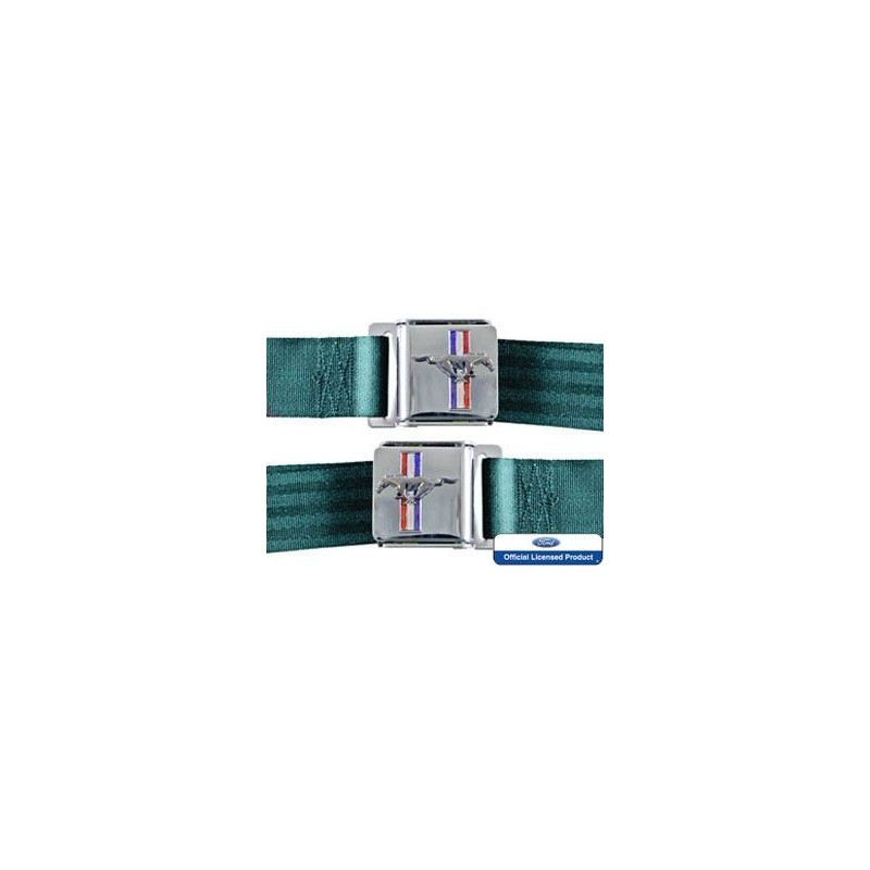 FORD MUSTANG 1964-1973 KIT PAIRE CEINTURE DE SECURITE AVEC EMBLEME MUSTANG BLEU TURQUOISE Seat belt set with mustang emblem aqua