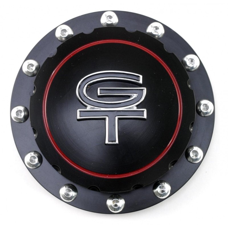 FORD MUSTANG 1964-1973 BOUCHON DE RESERVOIR TRAPPE A ESSENCE ALUMINIUM TAILLE MASSE GT NOIR Billet Fuel Cap ( GT Emblem black )