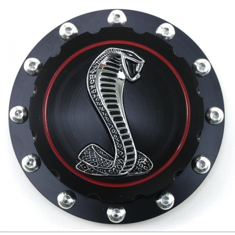 FORD MUSTANG 1964-1973 BOUCHON DE RESERVOIR TRAPPE A ESSENCE ALUMINIUM TAILLE MASSE EMBLEM COBRA SHELBY NOIR Billet Fuel Cap Bla