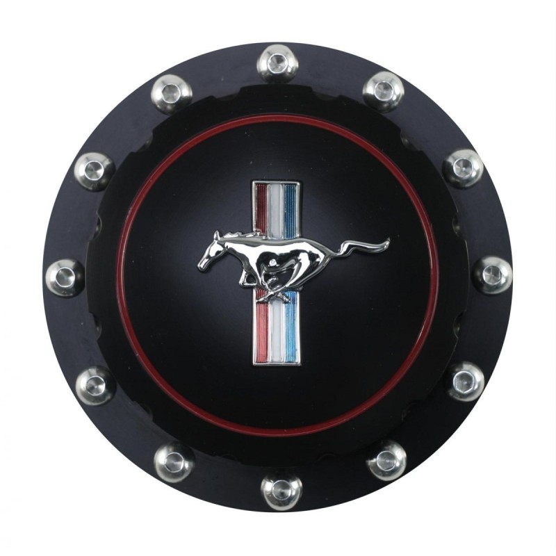 FORD MUSTANG 1964-1973 BOUCHON DE RESERVOIR TRAPPE A ESSENCE ALUMINIUM TAILLE MASSE NOIR CHEVAL Billet Fuel Cap Black Horse Embl