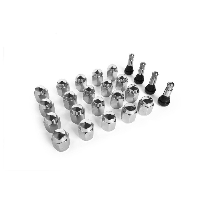 FORD MUSTANG 1964-1973 KIT ECROUS ACIER + VALVES DE ROUE CHROME POUR JANTES ORIGINE / REV / AMERICAN RACING etc sauf ecrous spéc