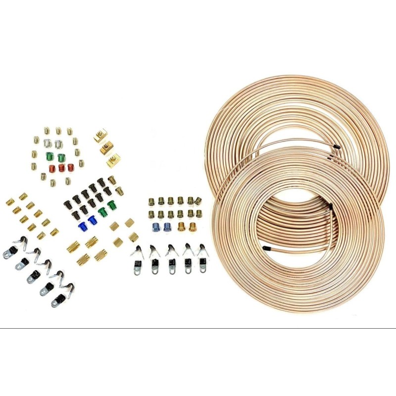 KIT COMPLET CONDUITES DE FREIN EN CUIVRE ET NICKEL 3/16 ET 1/4 15 MÈTRES CHACUN AVEC RACCORDS ET CLIPS The Stop Shop Brake Tubin